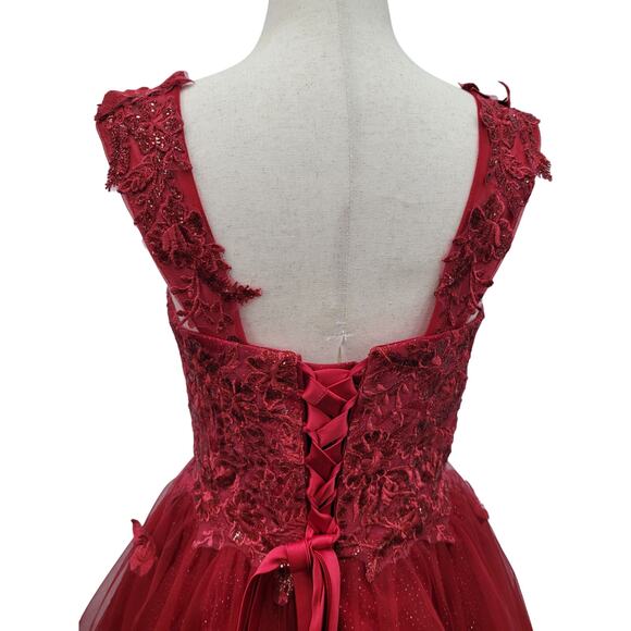 NWT Women's Crimson Red Short Butterfly Cocktail Dress with Tulle Corset back - Picture 7 of 13
